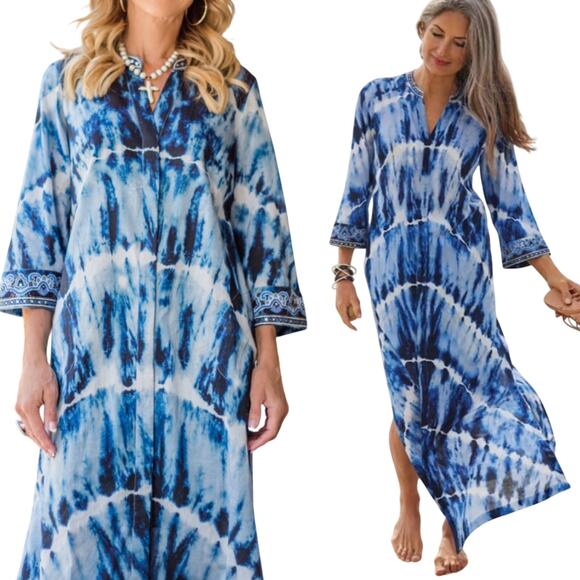 Soft Surroundings Sea Sprite Maxi Dress Embroidered Coverup Tie Dye Blue NEW XS - Picture 1 of 9